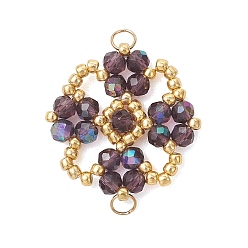 Фиолетовый Подвески-цветы из гальванически покрытых стеклянных бусин, с 304 кольцами из нержавеющей стали, реальный 18 k позолоченный, фиолетовые, 28x23x3.5 мм, отверстие : 3.3 мм
