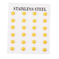 Yellow Tarnish Resistant 304 Stainless Steel Spray Painted Stud Earrings, Round, Yellow, 17x6mm, Pin: 0.8mm, 12pairs/card