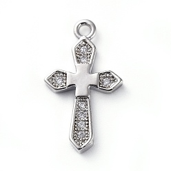 Платина Латунные микро проложить кубического циркония подвески, крестик, прозрачные, платина, 17.5x10x2 мм, отверстие : 1.2 мм