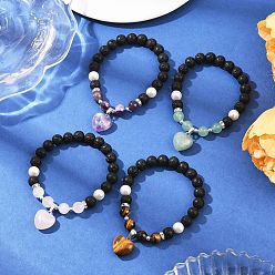 Смешанные камни 4шт. браслеты с подвесками в форме сердца из натуральных смешанных драгоценных камней, эластичные браслеты из натуральных бусин из лавы для женщин, внутренний диаметр: 2-1/8 дюйм (5.5 см)