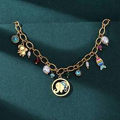 Настоящее золото 18K 304 Женские ожерелья с подвесками в виде слонов и рыб из нержавеющей стали с цветной эмалью, с искусственным жемчугом, стразами, окрашенным нефритом и синтетическим малахитом, ионное покрытие (ip), реальный 18 k позолоченный, 15.94 дюйм (40.5 см)