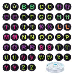 Black Craft Acrylic Beads, Round with Mixed Initial Letters, with Clear Elastic Crystal Thread, Black, 7~8mm, Hole: 1.5mm, 300pcs/set