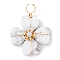 Говлит Подвески из натурального клевера говлита, подвески в виде клевера с медной проволокой, золотые, 28.5x21.5x10 мм, отверстие : 4 мм