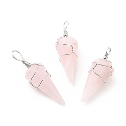 Розовый Кварц Природного розового кварца подвески драгоценных камней, с медной проволокой платинового тона, обернутой, без кадмия и без свинца, граненый конус, 46.5~53x17~19x17~18 мм, отверстие : 5~6.5 мм