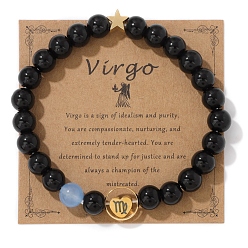 Дева Двенадцать созвездий, натуральный черный камень, круглые эластичные браслеты из бисера для женщин и мужчин, Дева, внутренний диаметр: 2-3/8 дюйм (6 см)