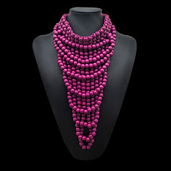 Средний Фиолетово-красный Многослойные ожерелья-нагрудники из круглых деревянных бусин для женщин, средне фиолетовый красный, 14.96 дюйм (38 см)