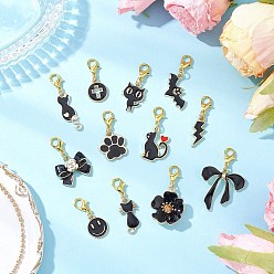 Черный 12Шт подвесные украшения из сплава эмали, Подвески с застежками-когтями омара для украшения сумок, разнообразные, чёрные, 28~40 мм