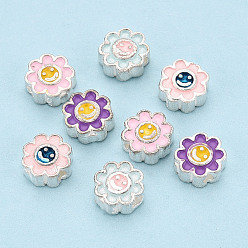 (52) Непрозрачная лаванда 925 бусины из стерлингового серебра с эмалью, улыбающееся лицо цветок, серебряный цвет гальваническим, разноцветные, 6x6x3 мм, отверстие : 1.2~1.4 мм