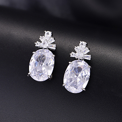 Clear Brass Pave Cubic Zirconia Oval with Flower Stud Dangle Earrings for Women, Platinum, Clear, 25x12mm