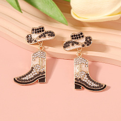 Персиковый Слойка Ковбойская шляпа с сапогами, серьги-гвоздики с эмалевым сплавом, со стразами, золотые, розовые, 51x25 мм