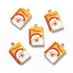 Gold Opaque Resin Pendants, with Platinum Tone Iron Loops, Christmas Theme, Notebook with Santa Claus Pattern, Gold, 28x18x5mm, Hole: 2mm