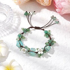 Зеленый Авантюрин Гальванизированные натуральные зеленые авантюриновые бусины плетеные браслеты для женщин, цветок, с гальваническим покрытием из натуральных кварцевых бусин и акриловыми подвесками, внутренний диаметр: 2~3 дюйм (5~7.5 см)