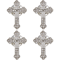 Платина 4 шт. булавки-накладки на лацкан из цинкового сплава с цветочным крестом и стразами для рюкзака, платина, 24.5x17 мм