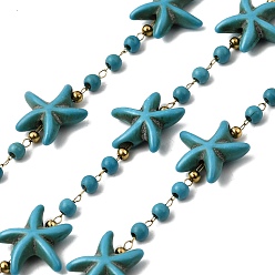 Бирюза Ручная работа 304 звенья цепи из нержавеющей стали с имитацией бирюзы в виде морской звезды, пайки, с 316 цепями и катушкой из нержавеющей стали, ионное покрытие (ip), реальный 18 k позолоченный, бирюзовые, бисер: 13~14x12~14x4~4.5 мм & 3 мм
