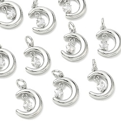 Real Platinum Plated SHEGRACE Brass Micro Pave Cubic Zirconia Pendants, Cadmium Free & Nickel Free & Lead Free, Moon Charms, Clear, Real Platinum Plated, 11x9x2mm, Hole: 2.5mm