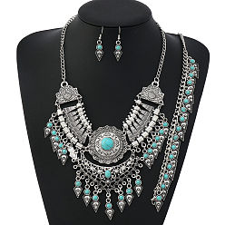 Темно-бирюзовый Ожерелья, серьги-подвески и браслеты с подвесками из сплава с синтетической бирюзой в форме капли, темные бирюзовый, 400 мм