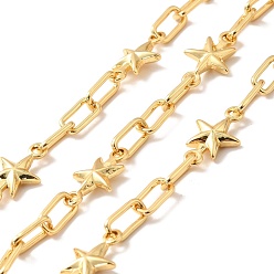 Real 18K Gold Plated Rack Plating Brass Star & Rectangle Link Chains, Unwelded, with Spool, Cadmium Free & Nickel Free & Lead Free, Real 18K Gold Plated, 9x5x1.5mm, 17.5x10.5x3mm