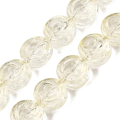 Hellgelb Backfarbe transparente Glasperlenstränge, flach rund mit rosafarbener Blume, hellgelb, 10x5.3 mm, Bohrung: 1 mm, ca. 65 Stk. / Strang, 25.20'' (64 cm)