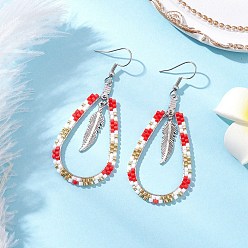 Красный 304 серьги-гвоздики из нержавеющей стали и стеклянных бусин для женщин, с 304 нержавеющей стали серьги крючки, слеза с пером, платина, красные, 68x29 мм