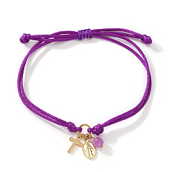 Фиолетовый Браслеты ручной работы из регулируемого латунного шнура с подвесками, крест с девственной мари, золотые, фиолетовые, 11.02 дюйм (28 см)