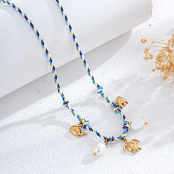 Темно-Голубой Летние пляжные плетеные веревочные ожерелья-нагрудники, Подвеска в виде сердца черепахи и кита из нержавеющей стали с имитацией жемчуга., золотые, глубокое синее небо, 29.92 дюйм (76 см)