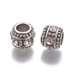 Crystal Alloy Rhinestone Beads, Large Hole Beads, Column, Antique Silver, Crystal, 10x8.5mm, Hole: 5.5mm