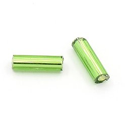 Lime Green Glass Bugle Beads, Silver Lined, Lime Green, 6~8x1.8mm, Hole: 0.6mm, 10000pcs/pound