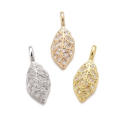 Mixed Color Rack Plating Brass Micro Pave Clear Cubic Zirconia Pendants, Long-Lasting Plated, Cadmium Free & Lead Free, Leaf, Mixed Color, 16.5x6.5x3mm, Hole: 2x2.5mm