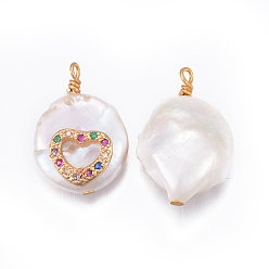 Разноцветный Подвески из натурального пресноводного жемчуга, с латунной кубической фурнитурой, самородки с сердцем, золотые, красочный, 17~26x11~16x5~11 мм, отверстие : 1.6~2 мм