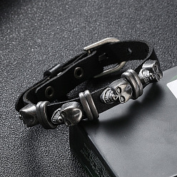 Черный Коровьей шнур браслеты, браслеты из сплава с черепом и заклепками, чёрные, 10-1/4 дюйм (26 см)