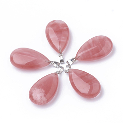 Вишневый Кварц Вишневое из кварцевого стекла подвески, со сплавочной фурнитурой, слеза, платина, 45~46x23~24x11~12 мм, отверстие : 8x4 мм