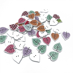 (52) Непрозрачная лаванда Расписные деревянные кнопки, 2-луночное, лист, разноцветные, 25x20 мм, 50 шт / пакет