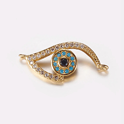 Real 18K Gold Plated Long-Lasting Plated Brass Micro Pave Cubic Zirconia Links, Evil Eye, Real 18K Gold Plated, 10x23x3.5mm, Hole: 0.5mm