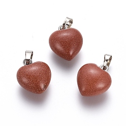 Камень с Пылевым Золотом Синтетические голдстоуновские подвески, с латунной фурнитурой платинового цвета, сердце, 18x15x10 мм, отверстие : 5x7 мм