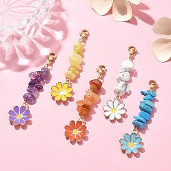 Mixed Stone Alloy Enamel Flower Pendant Decorations, Natural & Synthetic Gemstone Chips and 304 Stainless Steel Lobster Claw Clasps Charm, 65mm
