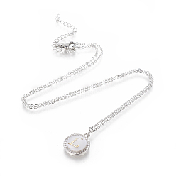 Letter L Brass Initial Pendant Necklaces, with Shell, Cubic Zirconia and 304 Stainless Steel Cable Chains, Flat Round with Letter, Letter.L, 17.5 inch(44.5cm), 1.5mm