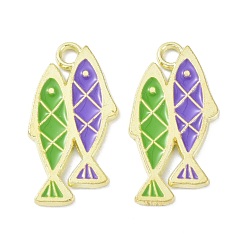 Средний Фиолетовый Подвески из эмали и сплава, золотой свет, двойные рыбы, средне фиолетовый, 24x12x1 мм, отверстие : 2 мм