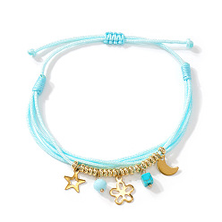 Небесно-голубой Регулируемые 304 из нержавеющей стали браслеты шарма, Женские плетеные многорядные браслеты из полиэстерного шнура, форма ракушки, морская звезда и краб, с латунной бисера, голубой, 11.02 дюйм (28 см)