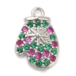 Platinum Rack Plating Brass Pave Cubic Zirconia Pendants, Long-Lasting Plated, Cadmium Free & Lead Free, Glove, Platinum, 14x9.5x2.5mm, Hole: 1mm