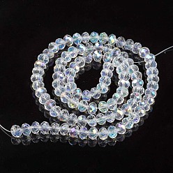 Clear Electroplate Glass Beads Strands, Half Rainbow Plated, Faceted, Rondelle, Clear, 4x3mm, Hole: 0.4mm, about 123~127pcs/strand, 16.5~16.9 inch(42~43cm)