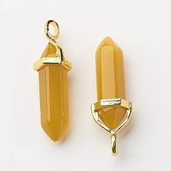 Ágata Normal Colgantes puntiagudos de doble terminación de ágata natural, teñido y climatizada, con aletas hexagonales de aleación al azar para colgantes de cuentas, dorado, bala, 37~40x12.5x10 mm, agujero: 3x4.5 mm