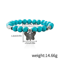 Бабочка Синтетический бирюзовые бисером браслеты простирания, браслеты в стиле богемия, Браслеты с подвесками из сплава в тибетском стиле для мужчин и женщин, бабочка, 6-1/4 дюйм (16 см)