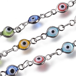 Mixed Color Handmade Evil Eye Lampwork Link Chains, Soldered, with Brass Findings, with Spool, Long-Lasting Plated, Flat Round, Gunmetal, Mixed Color, 10x4.5x2mm, Hole: 1.5mm, about 32.8 Feet(10m)/roll