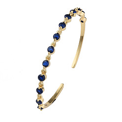 Dark Blue Cubic Zirconia Flat Round Open Cuff Bangle, Real 18K Gold Plated Brass Jewelry for Women, Dark Blue, Inner Diameter: 2-1/4 inch(5.7cm)