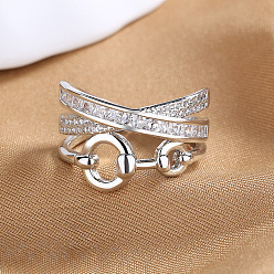 Серебро Регулируемые кольца манжеты из латуни с микропаве и кубическим цирконием, геометрическая фигура, серебряные, внутренний диаметр: 18 мм