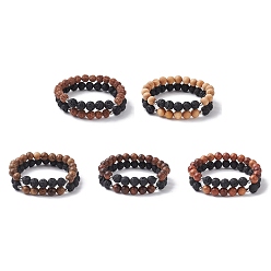 (52) Непрозрачная лаванда Браслет из натурального лавового камня и дерева, круглый эластичный браслет из бисера, разноцветные, внутренний диаметр: 2 дюйм (5 см), 2 шт / комплект