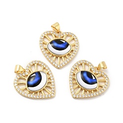 Средно-синий Подвески в форме сердца из латуни с прозрачным кубическим цирконием, с полимерным глазным яблоком, без кадмия, без никеля и без свинца, реальный 18 k позолоченный, светло-синий, 24x23x5 мм, отверстие : 3.5x5 мм