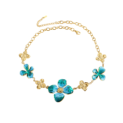 Средний Бирюзовый Цветочный 304 цепочка из нержавеющей стали с эмалированными звеньями, колье-цепочка для женщин, ионное покрытие (ip), долговечный, реальный 18 k позолоченный, средне бирюзовый, 18.50 дюйм (47 см)