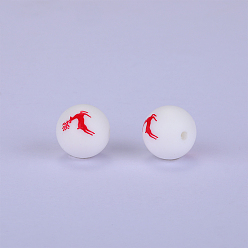 White Printed Round with Deer Pattern Silicone Focal Beads, White, 15x15mm, Hole: 2mm