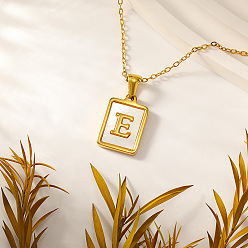Letter E Прямоугольник 304 ожерелья с инициалами из нержавеющей стали с натуральным белым ракушечником для женщин, реальный 18 k позолоченный, Письмо E, 15.75 дюйм (40 см)